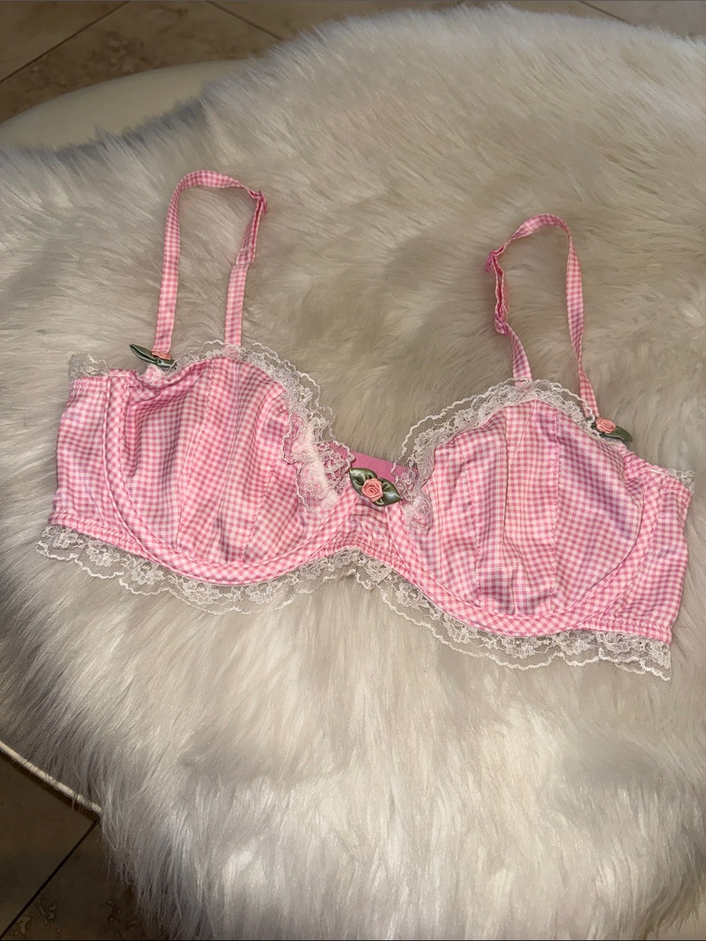 For Love And Lemons Pink Gingham Lace-Trim Underwire Bra with Rose Detail